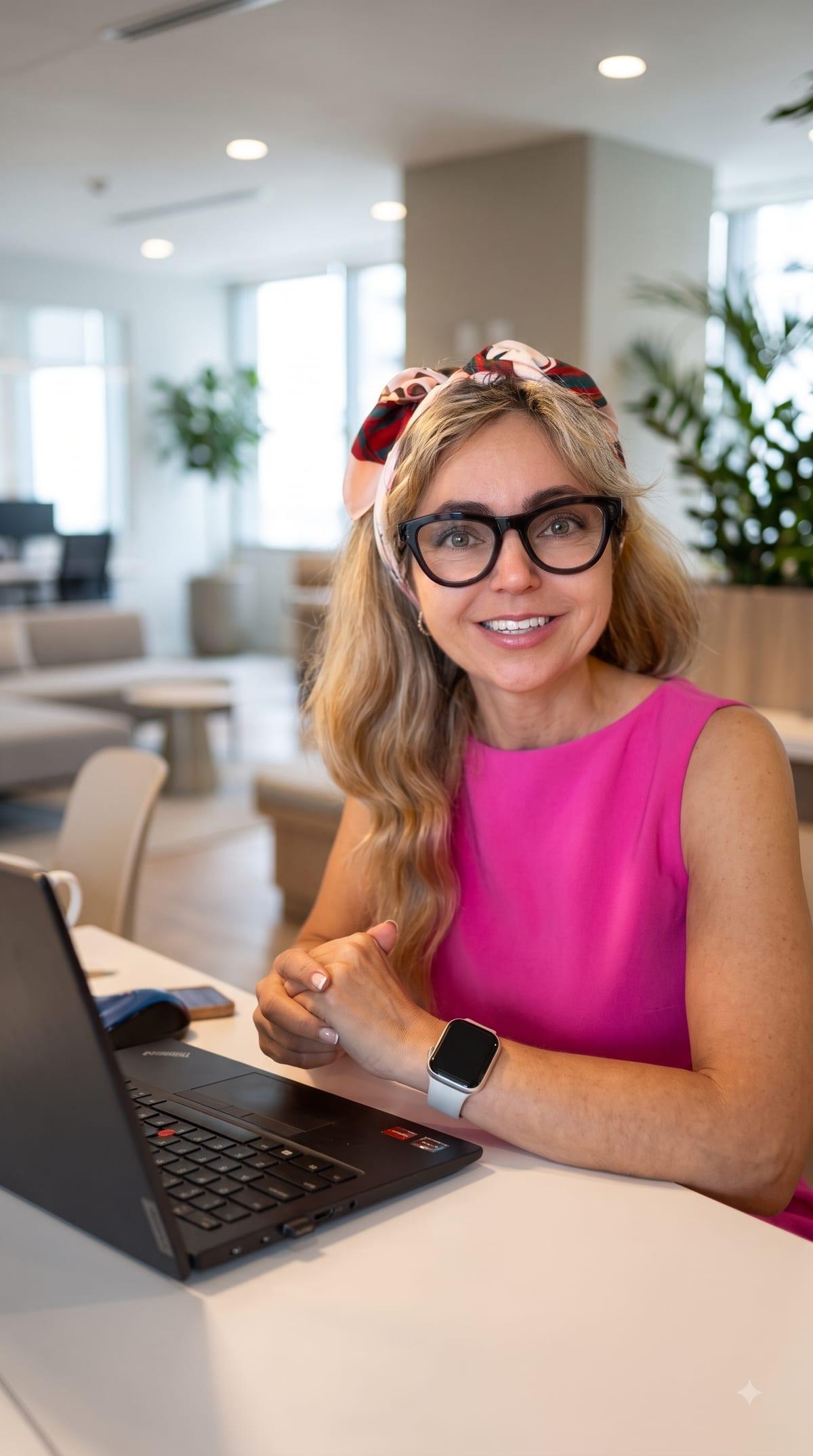 Inna Bez, REALTOR®, working at a laptop in a bright open-plan office